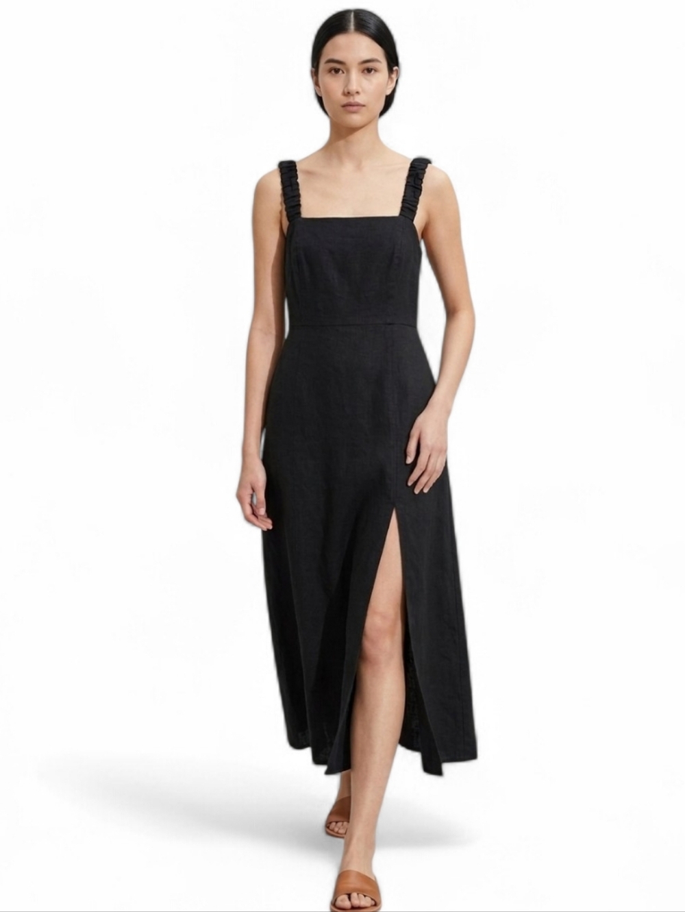 Boho Minimalist Black Linen Midi Dress Side Slit Lace-Up Dark Romantic XL